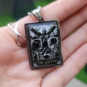 The Lovers Tarot Necklace – Gothic Skeleton Card | Stainless Steel 23½" Chain